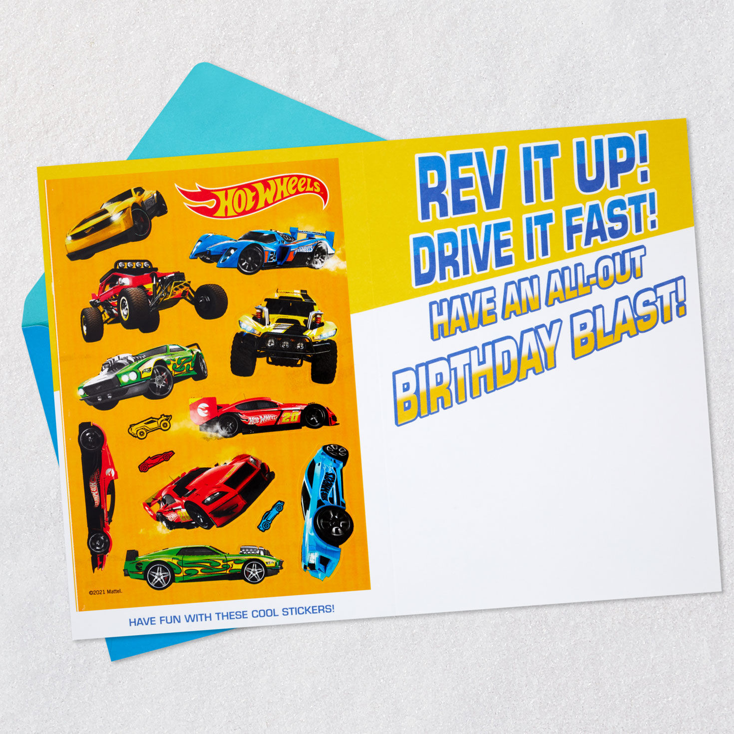 Mattel Hot Wheels Rev It Up Birthday Card With Stickers