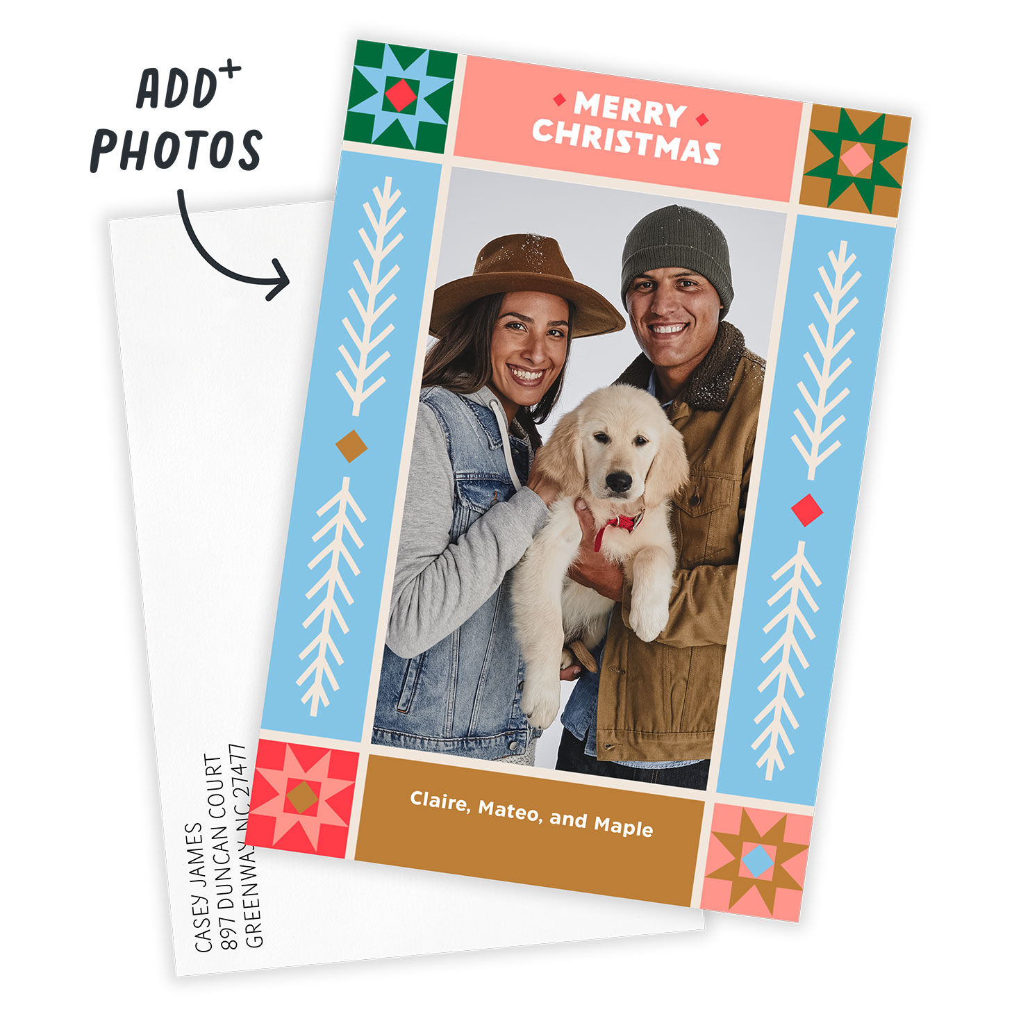 Nordic Patterns Personalized Christmas Photo Card Card Front indicating personalization image number 2