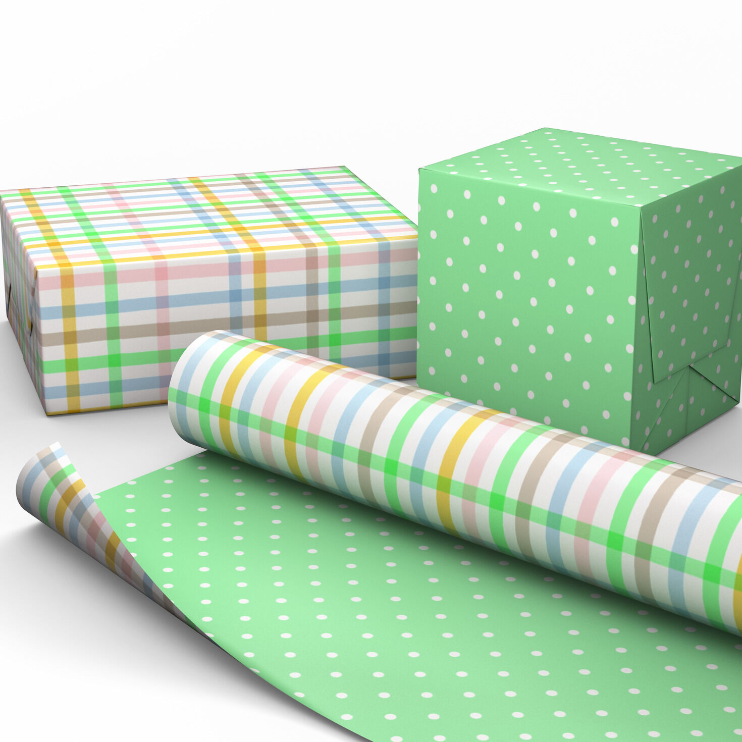 Pastel Plaid and Green Dot Reversible Gift Wrap Wrapped pkg image number 2