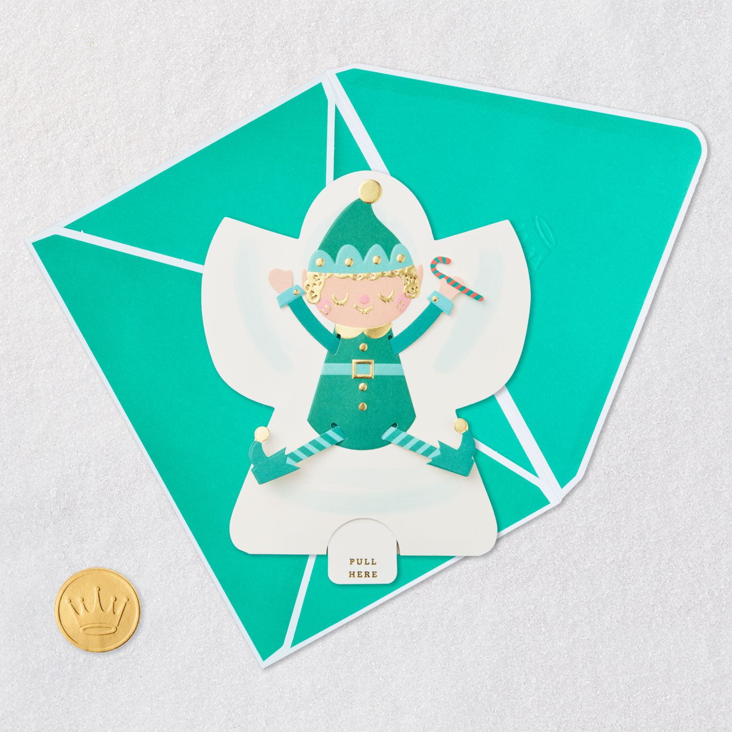 Green Elf Snow Angel Christmas Card with Motion Card Front with Envelope and Gold Seal image number 5