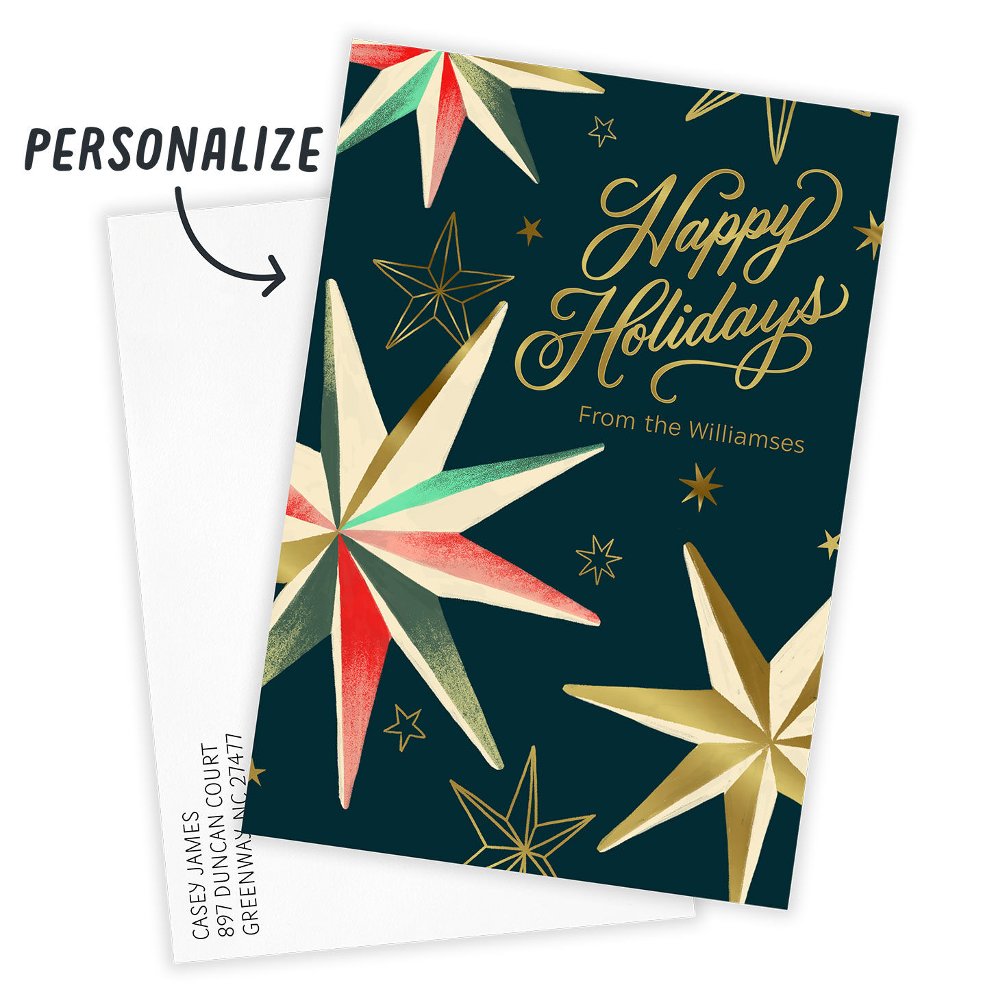 Retro Stars on Green Personalized Holiday Card Card with Envelope indicating personalization image number 2