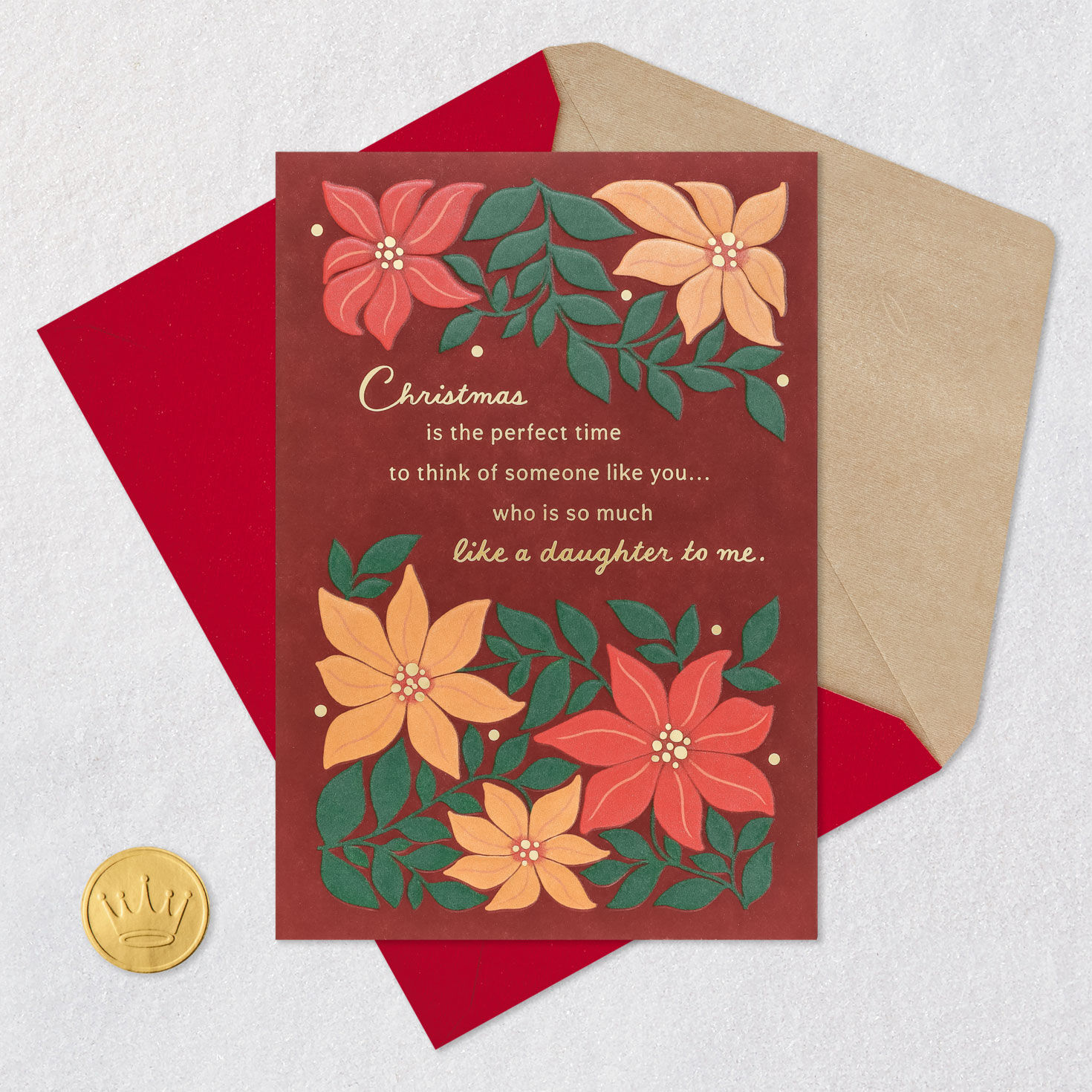 Poinsettia Christmas Card for Someone Like a Daughter Card Front with Envelope and Gold Seal image number 5