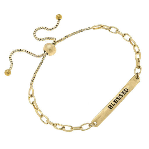Worn Gold Blessed ID Plate Bolo Bracelet, 