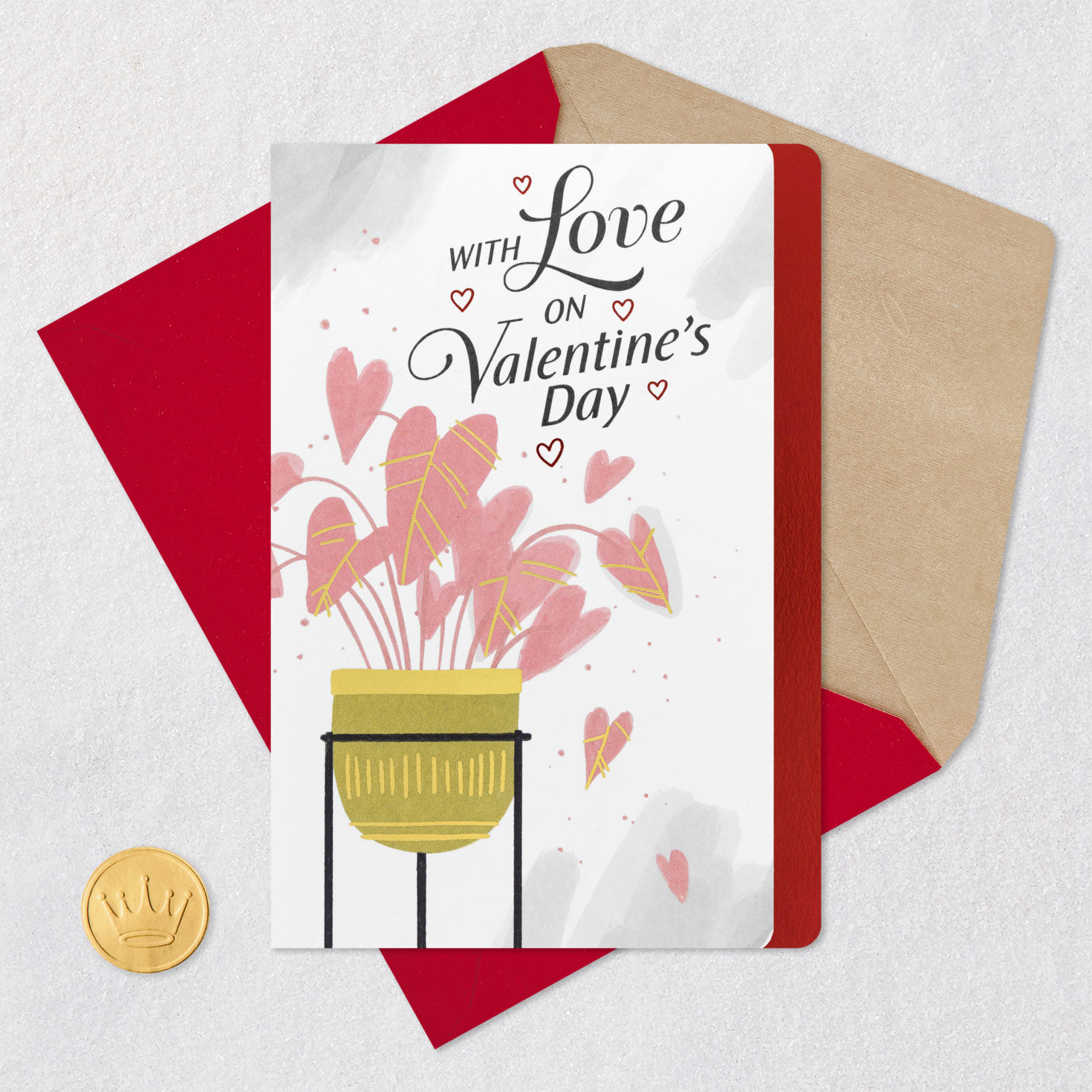 Pink Monstera Plant Friend Valentine's Day Card Card Front with Envelope and Gold Seal image number 5
