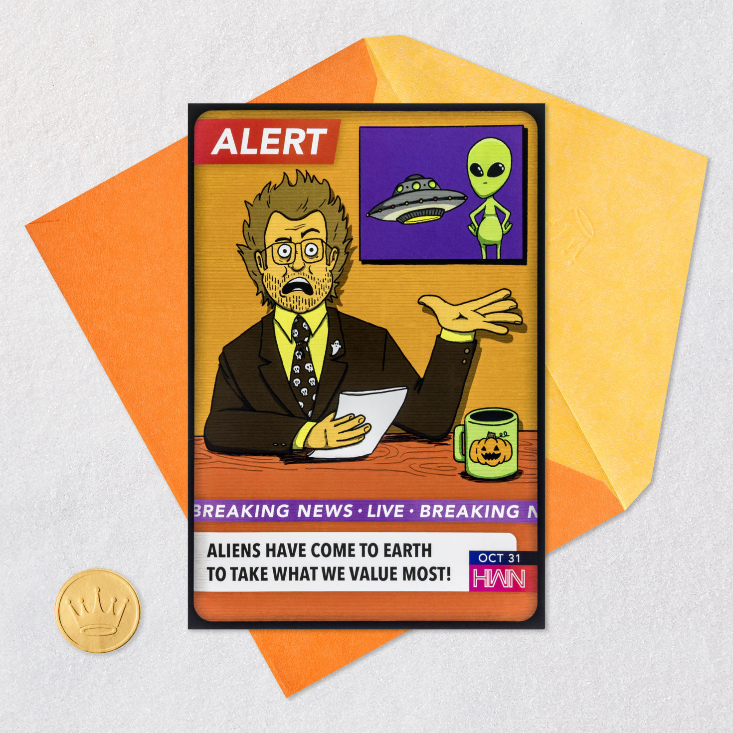 Alien News Alert Funny Halloween Card With Sound Card Front with Envelope and Gold Seal image number 5