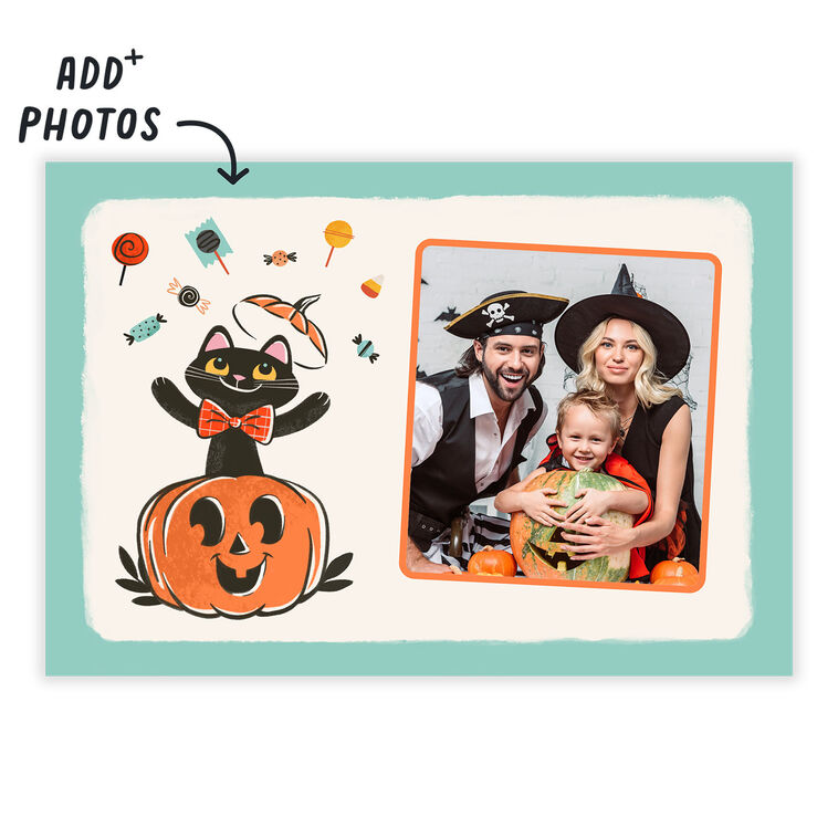 Black Cat in Pumpkin Personalized Halloween Card Card Front indicating personalization image number 2