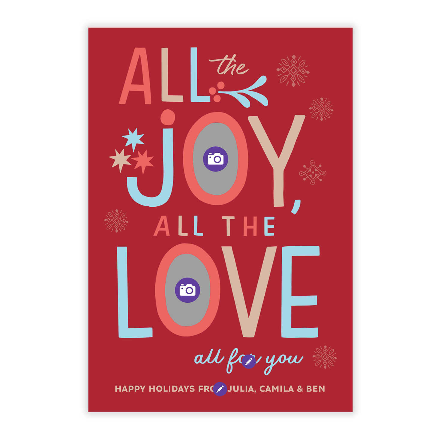Red Blue Beige Letters Personalized Holiday Card Card Front indicating personalization image number 5