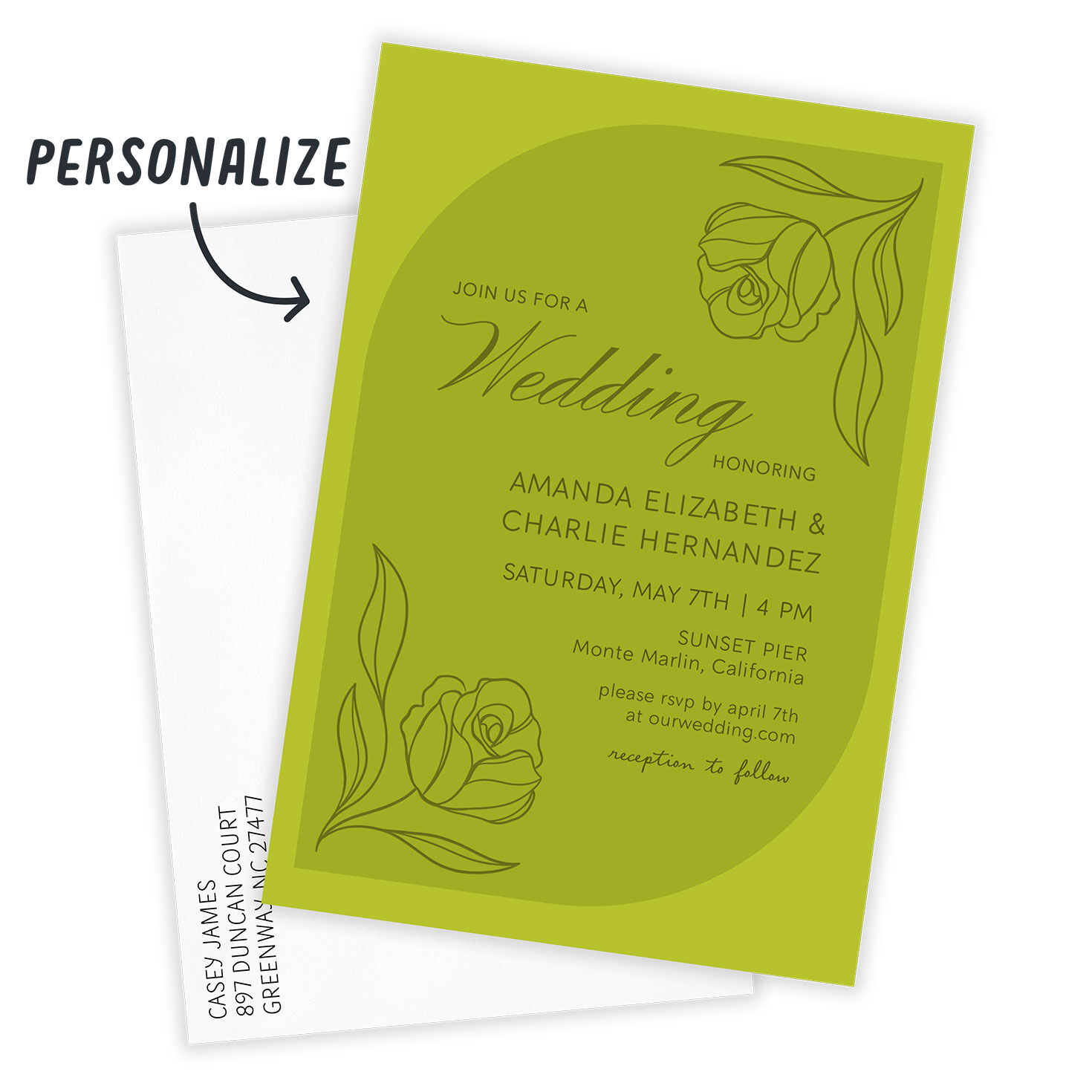 Green Rose Stems Personalized Wedding Invitation Card front with Envelope indicating personalization image number 2