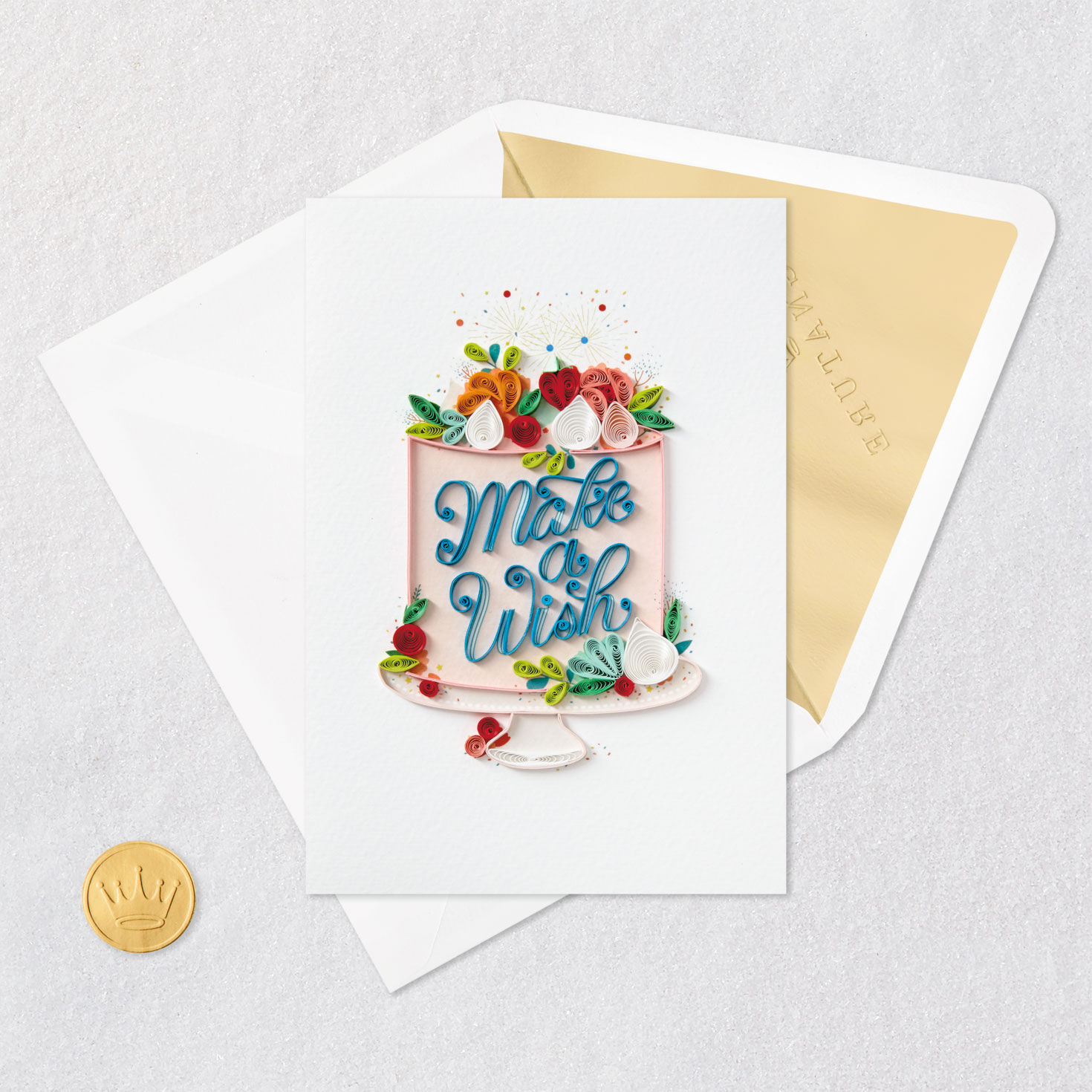 Quilling Cake and Flowers Birthday Card Card Front with Envelope and Gold Seal image number 5