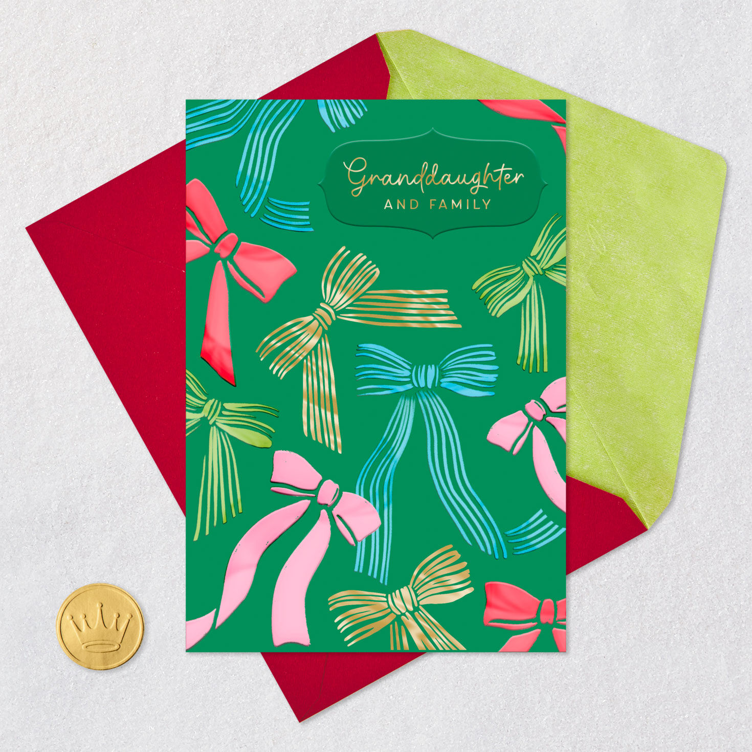 Bows on Daughter and Family Green Christmas Card Card Front with Envelope and Gold Seal image number 5