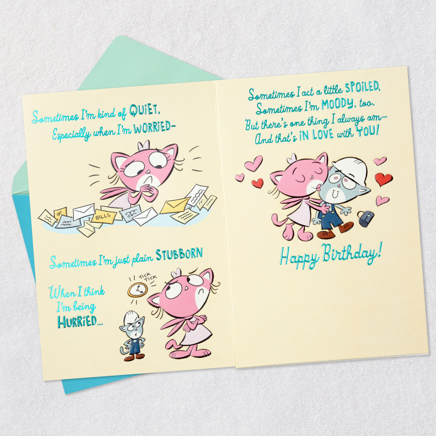 Cute Cat Couple Cartoon Birthday Card for Husband Open card with envelope image number 4