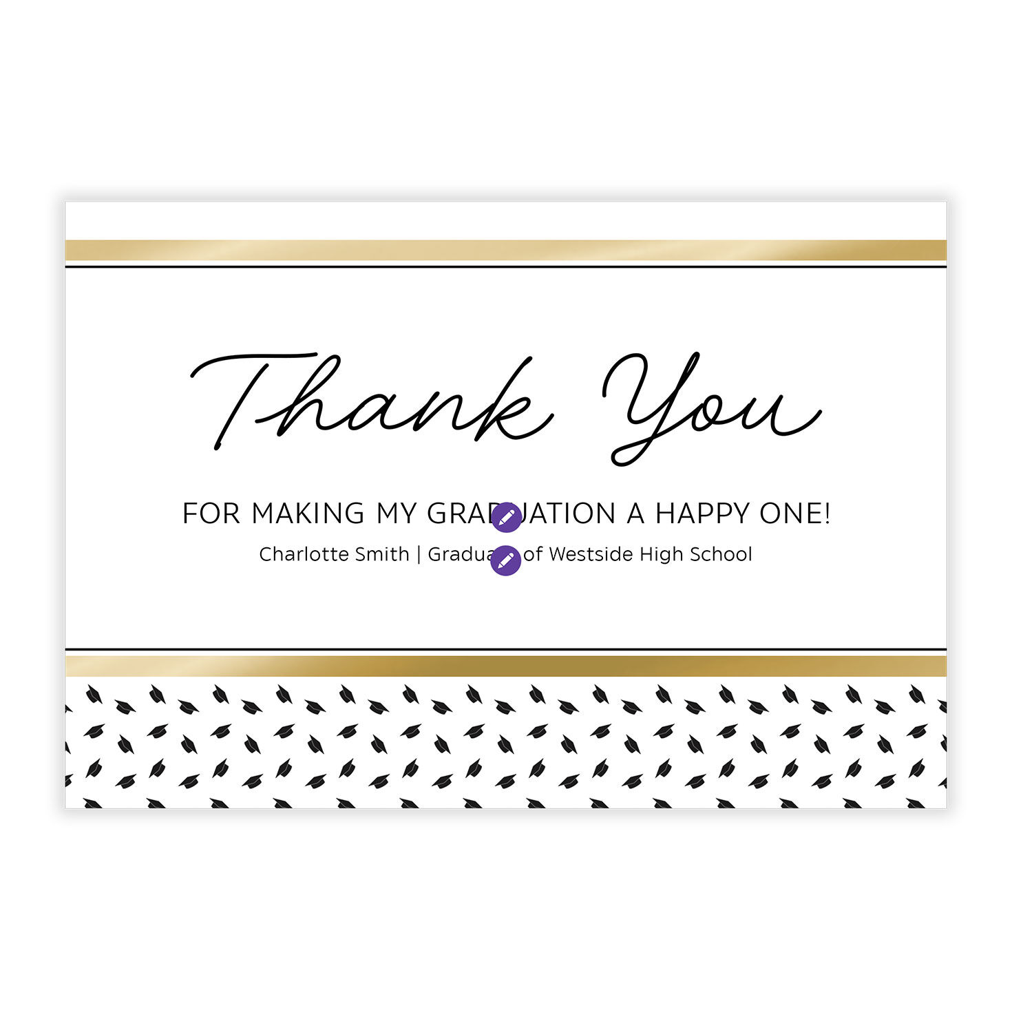 Gold Border Black Hats Grad Thank You Card Card Front indicating personalization image number 5