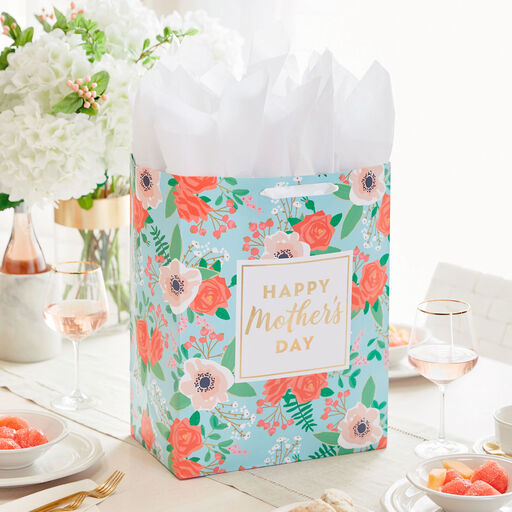 17" Teal Floral XL Mother's Day Gift Bag With Tissue, 