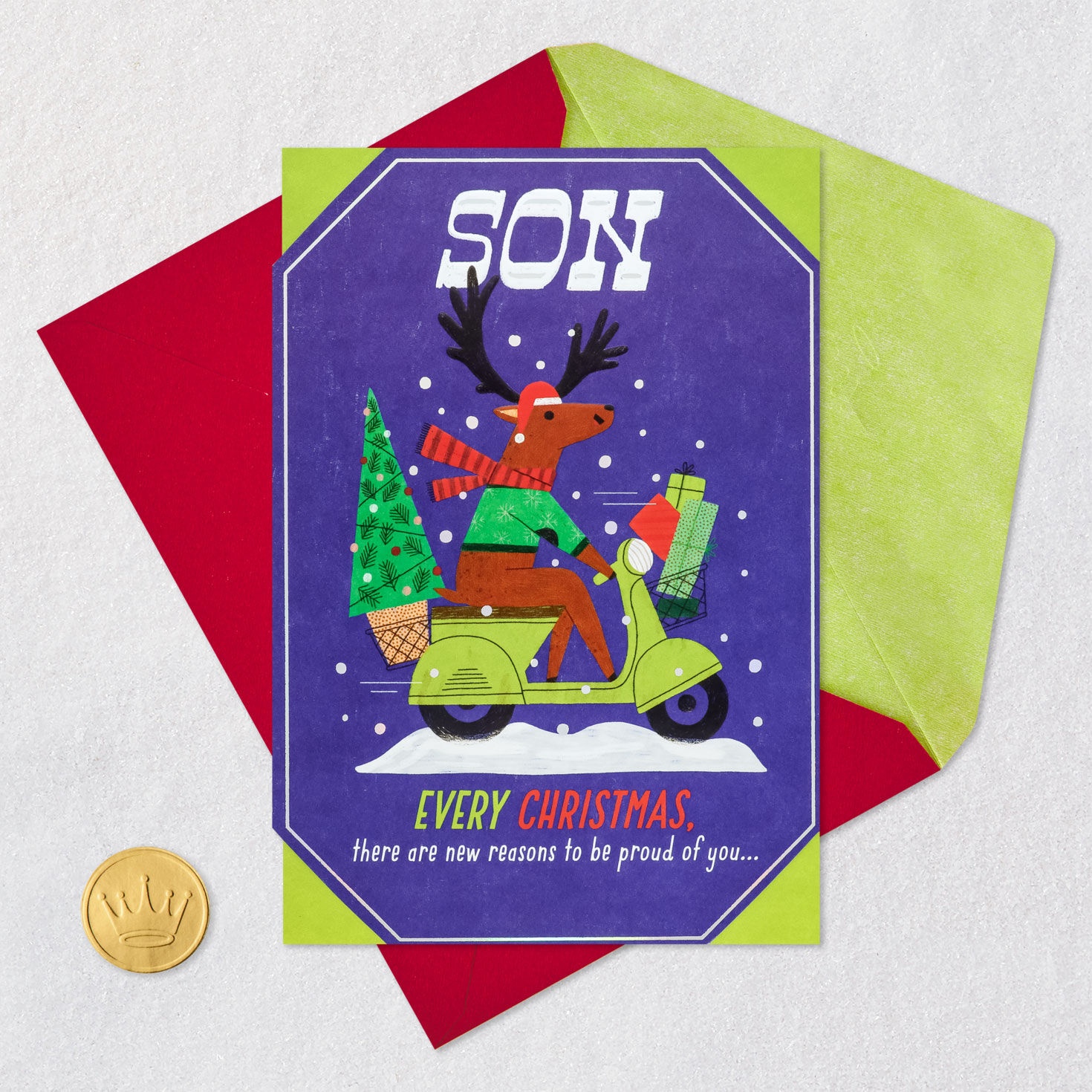Reindeer on Scooter Christmas Card for Son Card Front with Envelope and Gold Seal image number 6