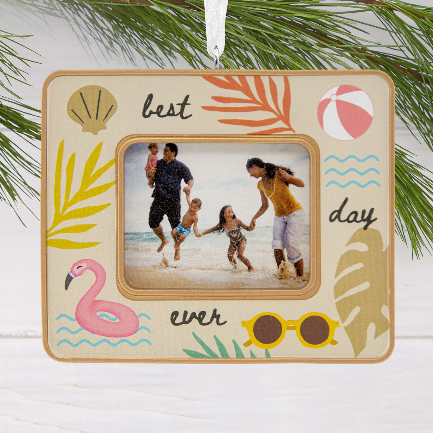 Beach Day Picture Frame Christmas Ornament hanging on tree image number 2