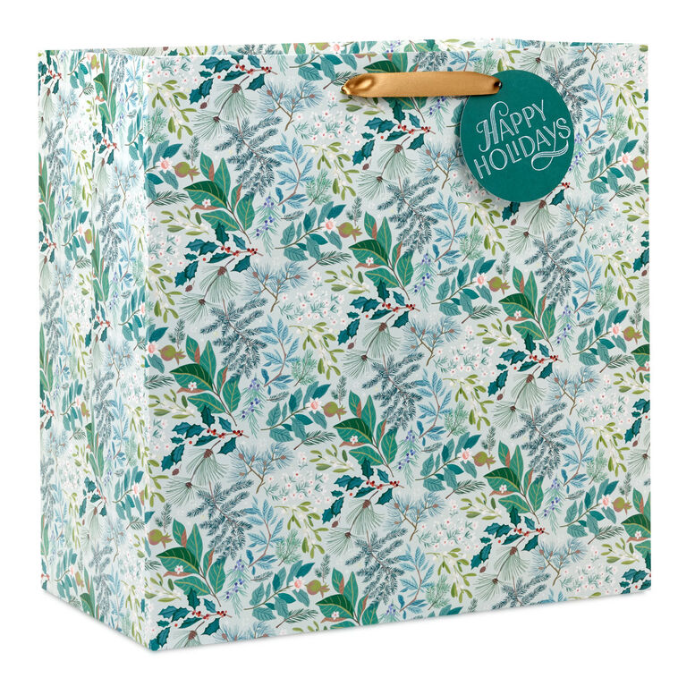 15" Winter Botanicals on Light Sage Extra-Deep Holiday Gift Bag