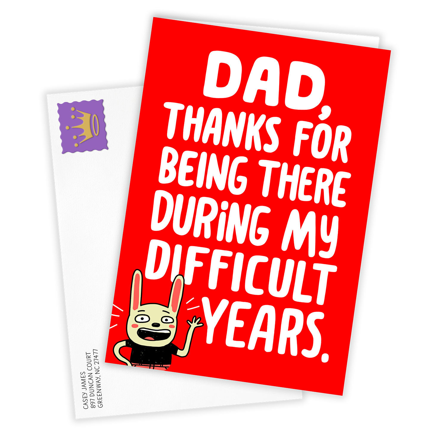 Cartoon Bunny on Red Personalized Father's Day Card Card Front with Envelope image number 2