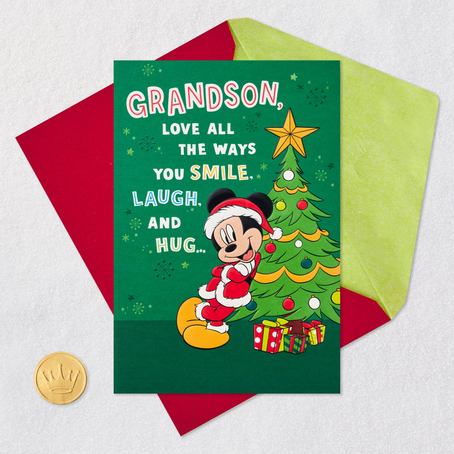 Green Tree Mickey Mouse Grandson Pop-Up Christmas Card Card Front with Envelope and Gold Seal image number 5