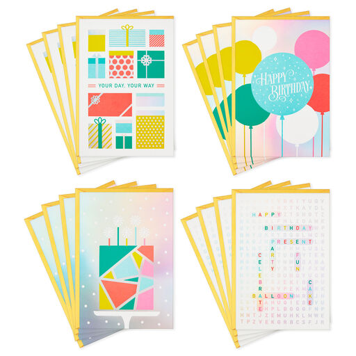 Iridescent Birthday Icons Assortment Birthday Cards, Pack of 16, 
