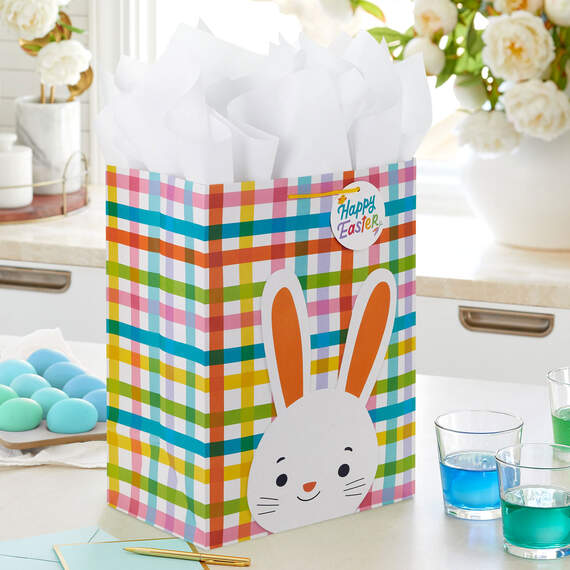 17" Bunny on Plaid Extra-Large Easter Gift Bag With Tissue Paper, , large image number 2