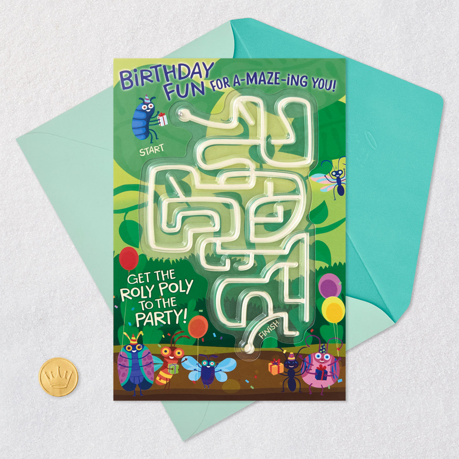 Roly Poly Ball Maze Game Birthday Card for Kids Card Front with Envelope and Gold Seal image number 5