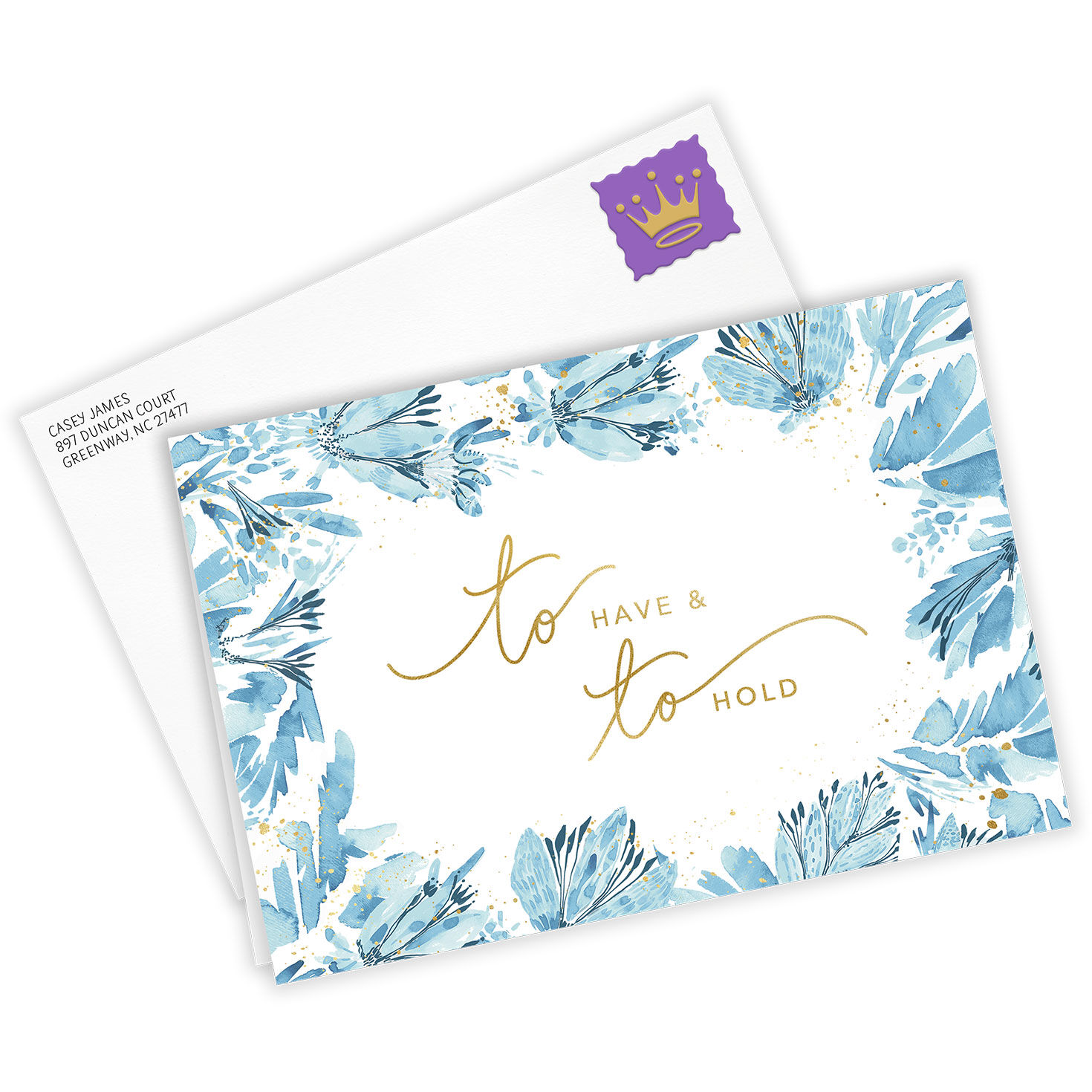 Blue Watercolor Flowers Personalized Wedding Card Card Front with Envelope image number 2