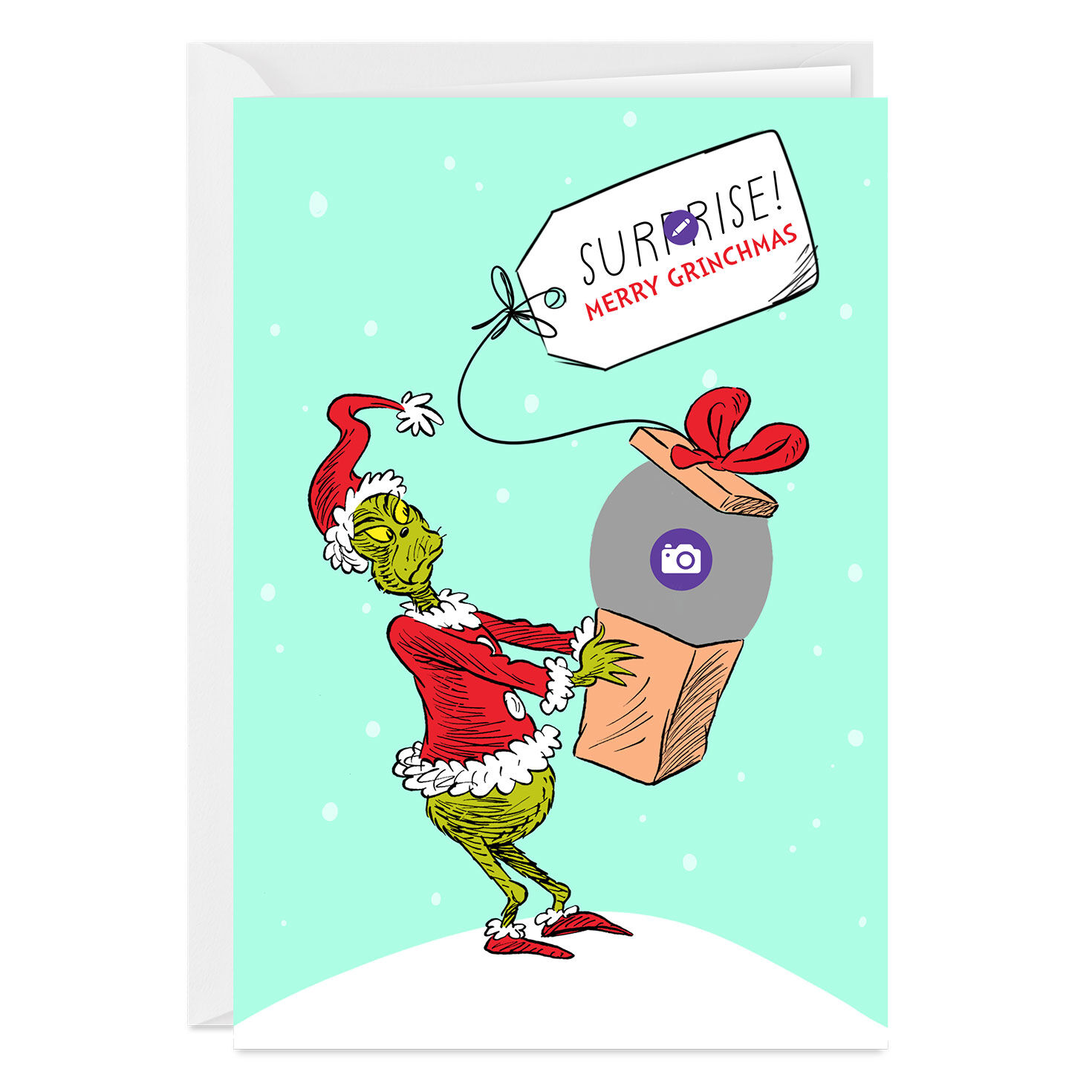 Grinch Photo in Box Personalized Christmas Card Card Front indicating personalization image number 3