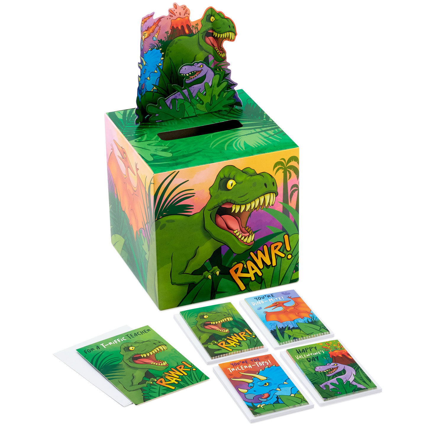 Dinosaur Rawr Kids Classroom Valentines Set With Cards, Stickers and Mailbox
