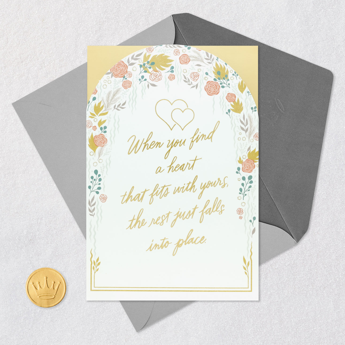 Floral Arch and Hearts Wedding Congratulations Card Card Front with Envelope and Gold Seal image number 5