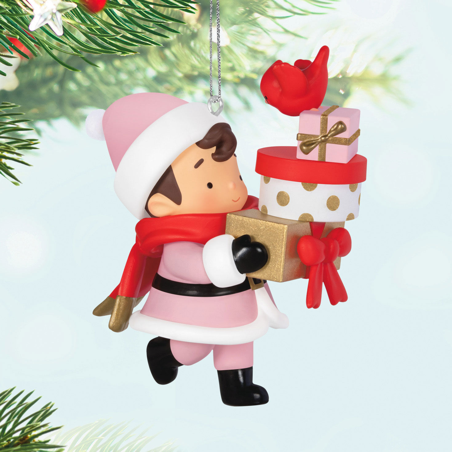 Young Santa With Gifts Keepsake Ornament hanging on tree image number 2