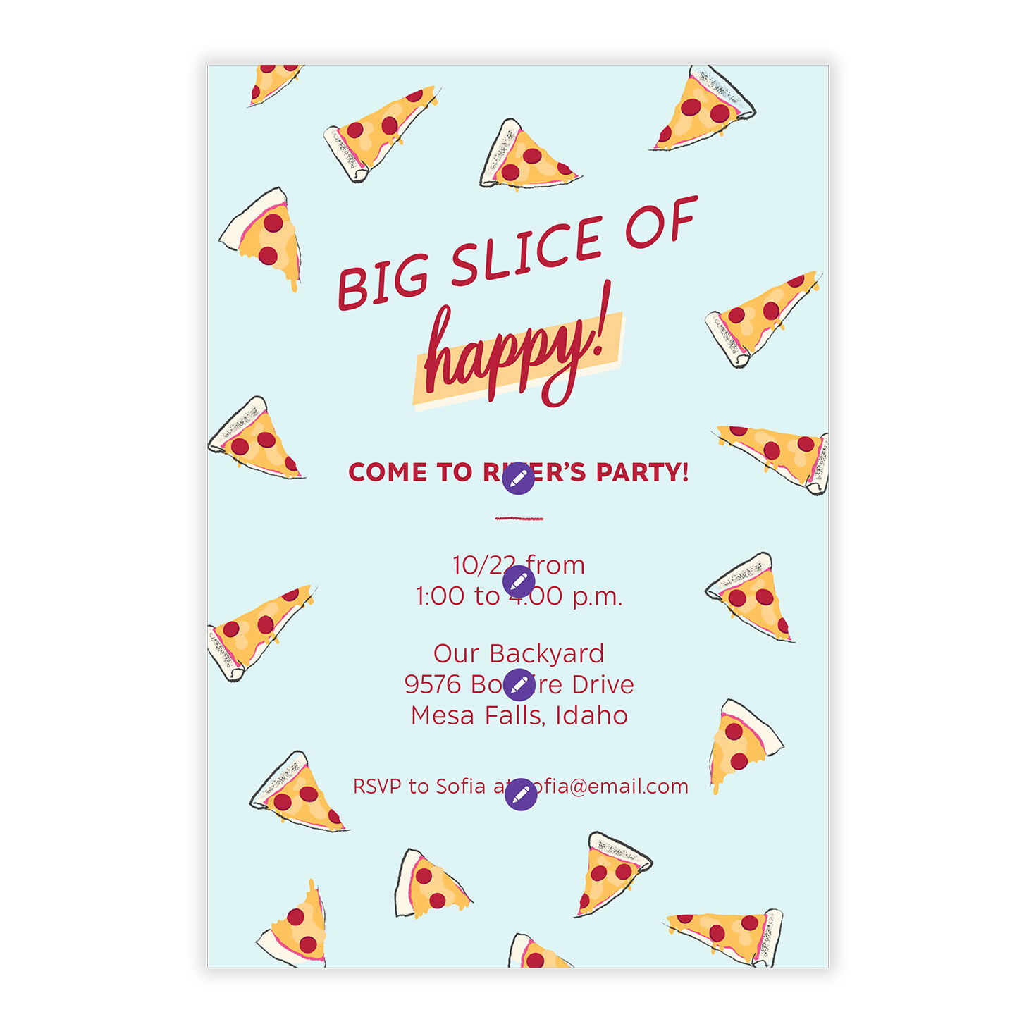 Pizza Slices Personalized Party Invitation Card Front indicating personalization image number 5