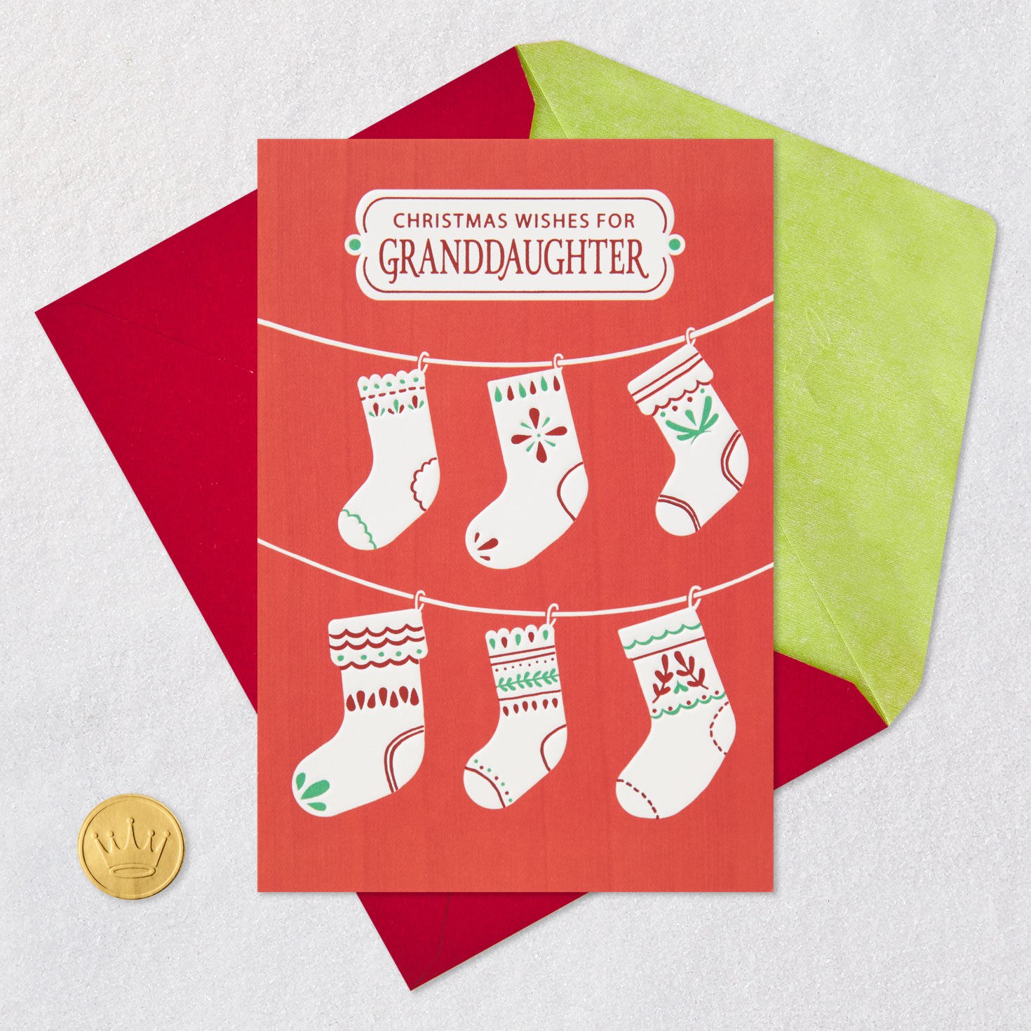 Hanging Stockings on Red Christmas Card for Granddaughter Card Front with Envelope and Gold Seal image number 6