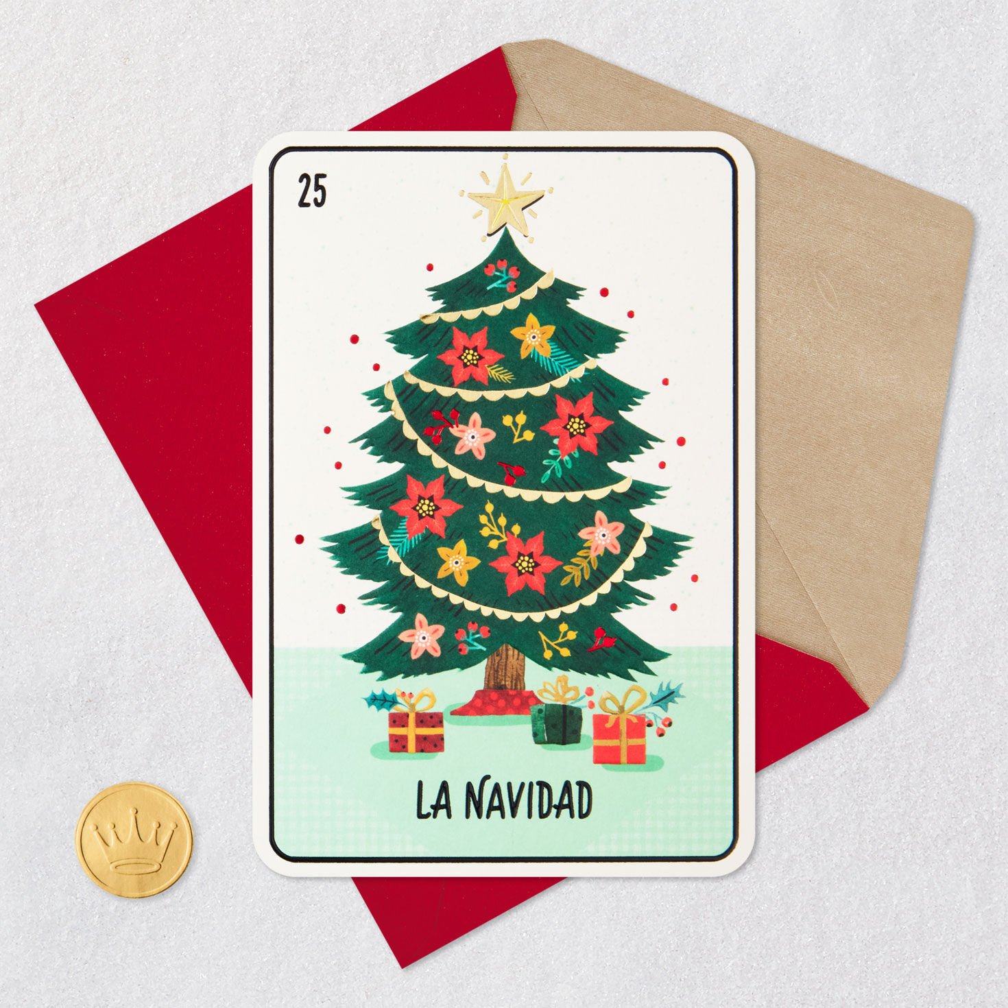 Festive Tree With Flowers Christmas Card in Spanish Card Front with Envelope and Gold Seal image number 5
