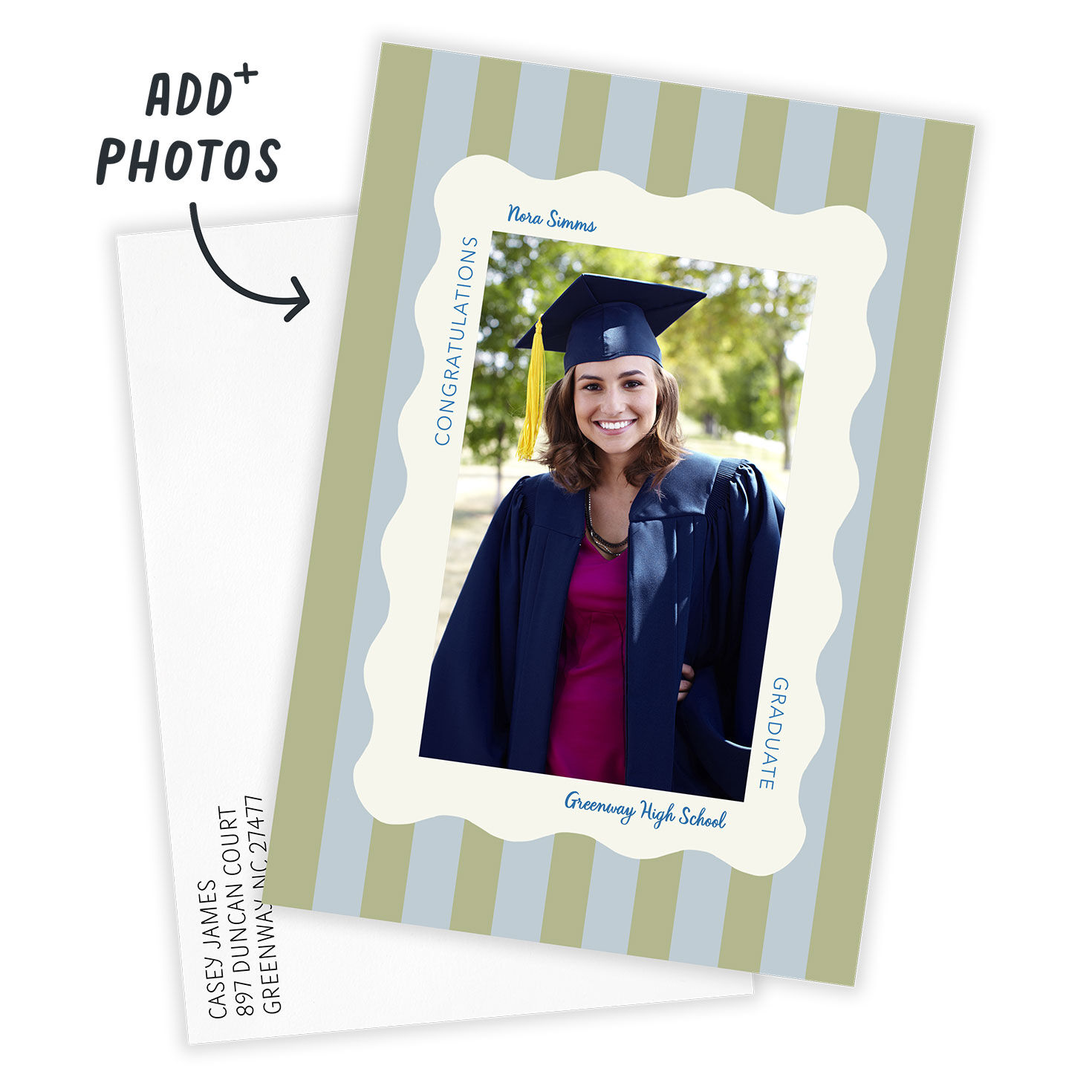 Blue Green Stripes Personalized Grad Announcement Card Front indicating personalization image number 2