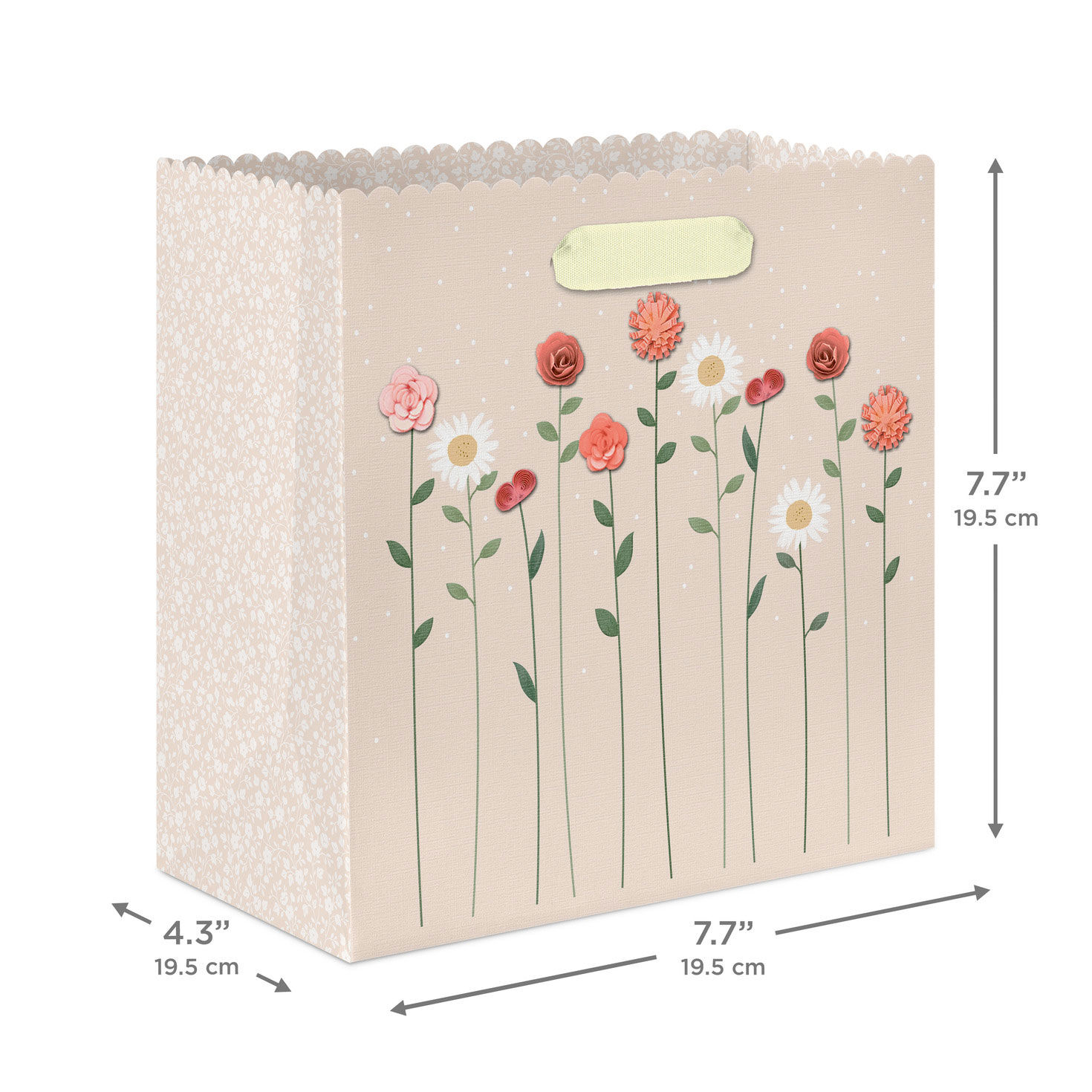Dimensional Paper Flowers on Beige Medium Gift Bag measurement image number 3