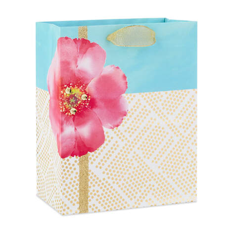 Pink Flower With Gold Geometric Dots Medium Gift Bag, 9.5", , large