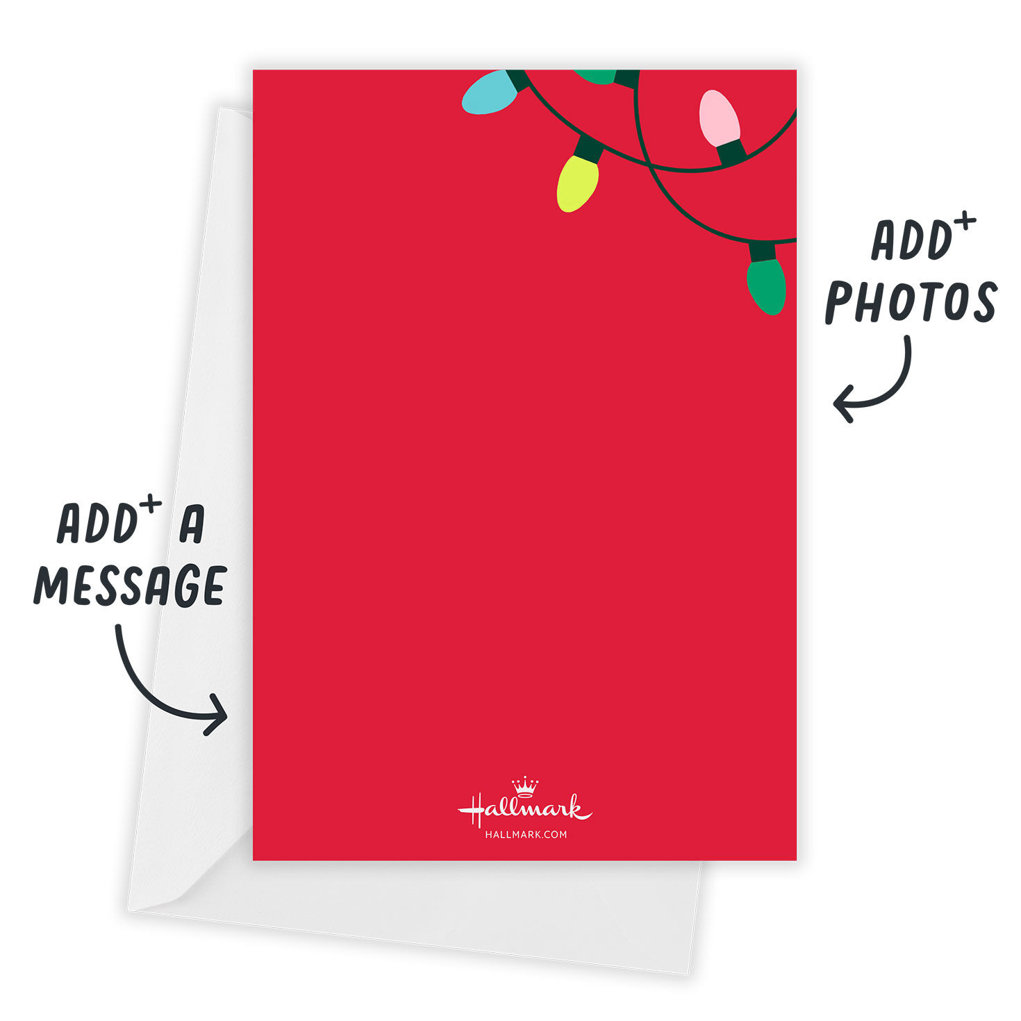 String Lights on Red Personalized Christmas Photo Card Card back with Envelope indicating personalization image number 3