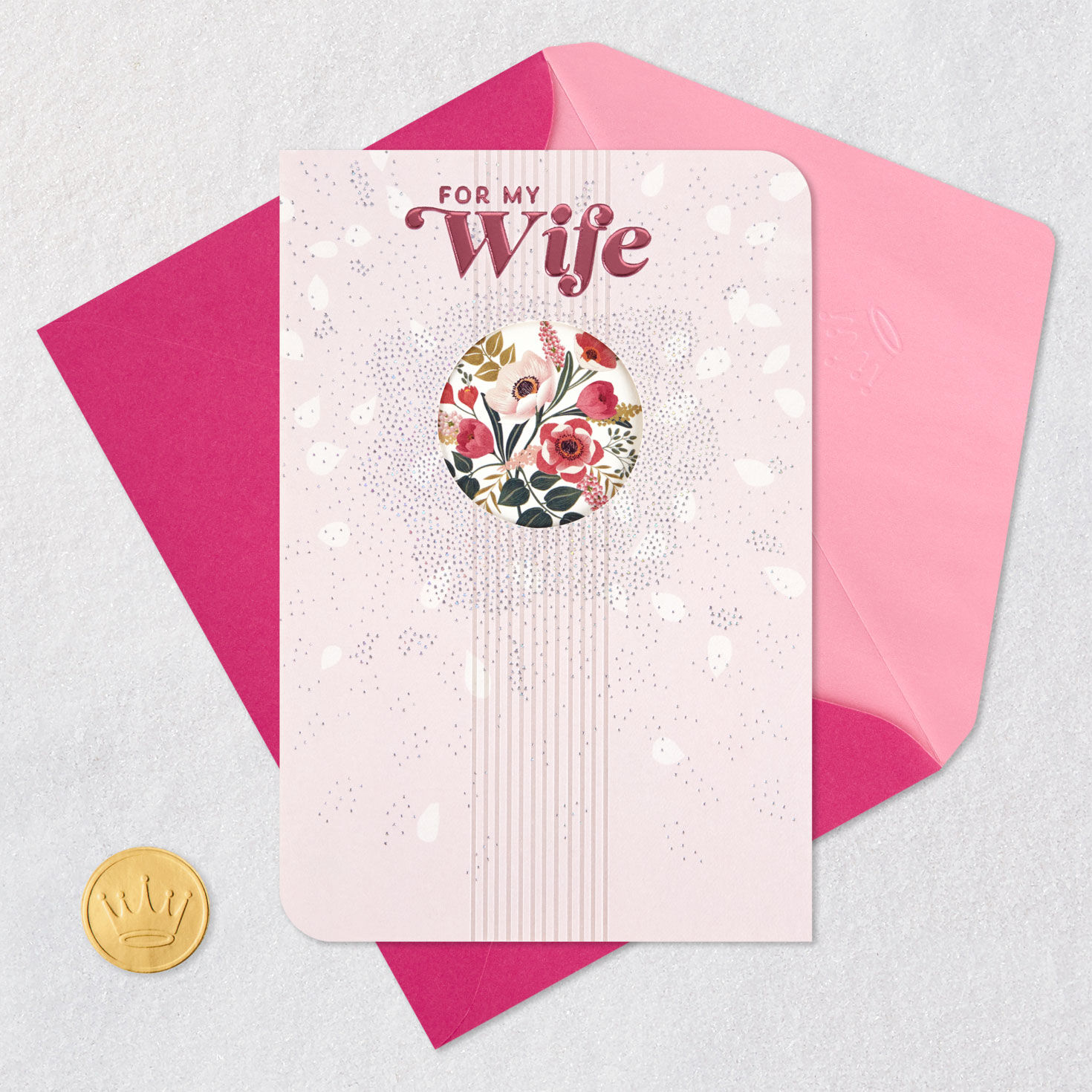 Flowers on Pink Wife Birthday Card Card Front with Envelope and Gold Seal image number 6