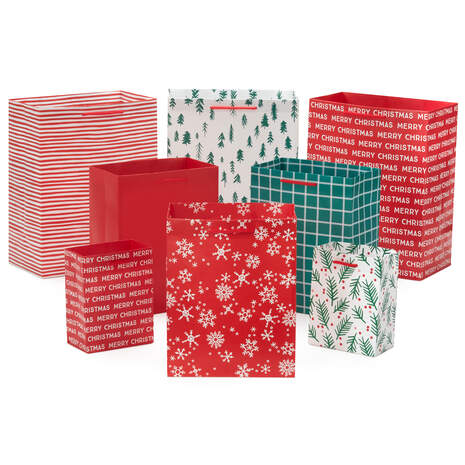 Red and Green 8-Pack Christmas Gift Bags, Assorted Sizes and Designs, , large
