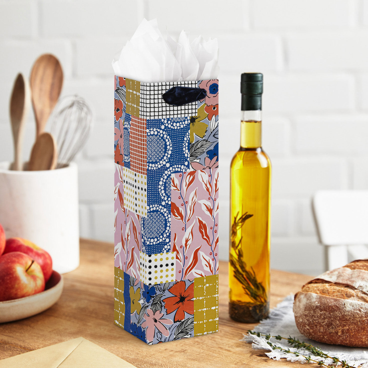 Vibrant Vintage Patchwork Wine Gift Bag In use image number 2