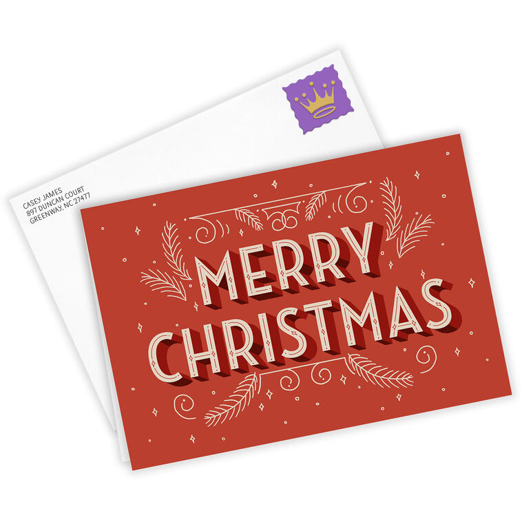 Red Vintage Design Personalized Christmas Card Card  front with Envelope  image number 2