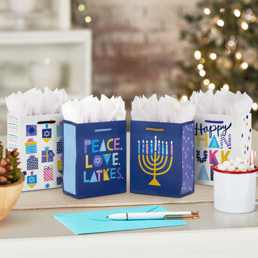 5.7" Blue and White 4-Pack Assorted Small Hanukkah Gift Bags, 