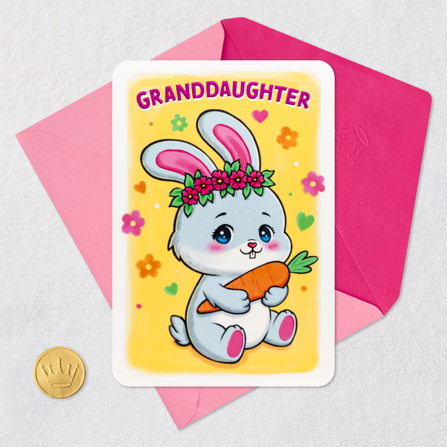 Gray Bunny on Yellow Easter Card for Granddaughter Card Front with Envelope and Gold Seal image number 5