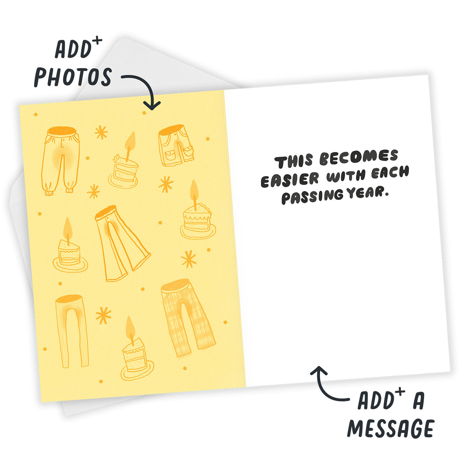 Pee Your Pants Yellow Personalized Birthday Card Open Card with Envelope indicating personalization image number 3