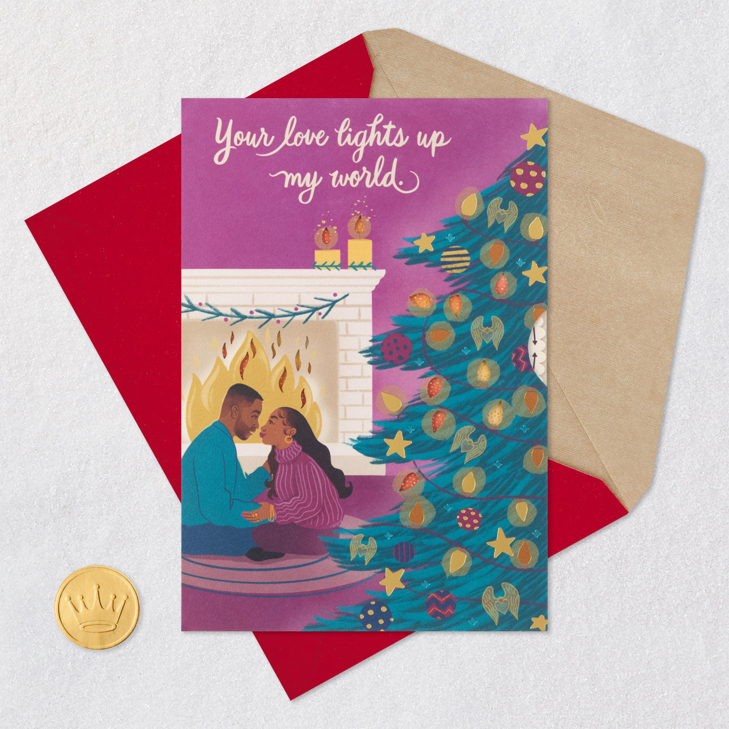 Romantic Couple by Fireplace Christmas Card Card Front with Envelope and Gold Seal image number 7