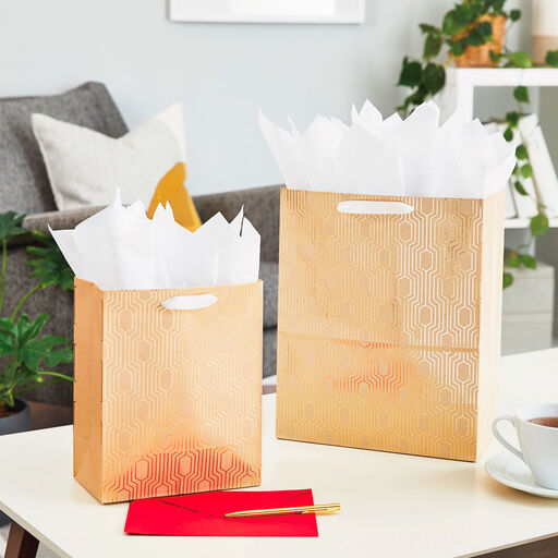 13" Gold Geometric on Tan Large Gift Bag, 