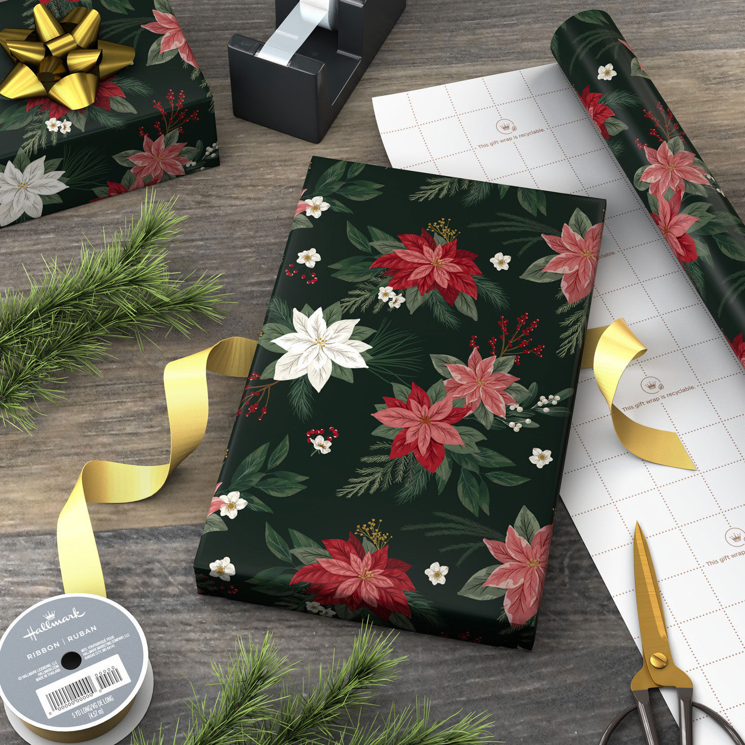 Poinsettias on Black Christmas Wrapping Paper Roll Wrapped package image number 3