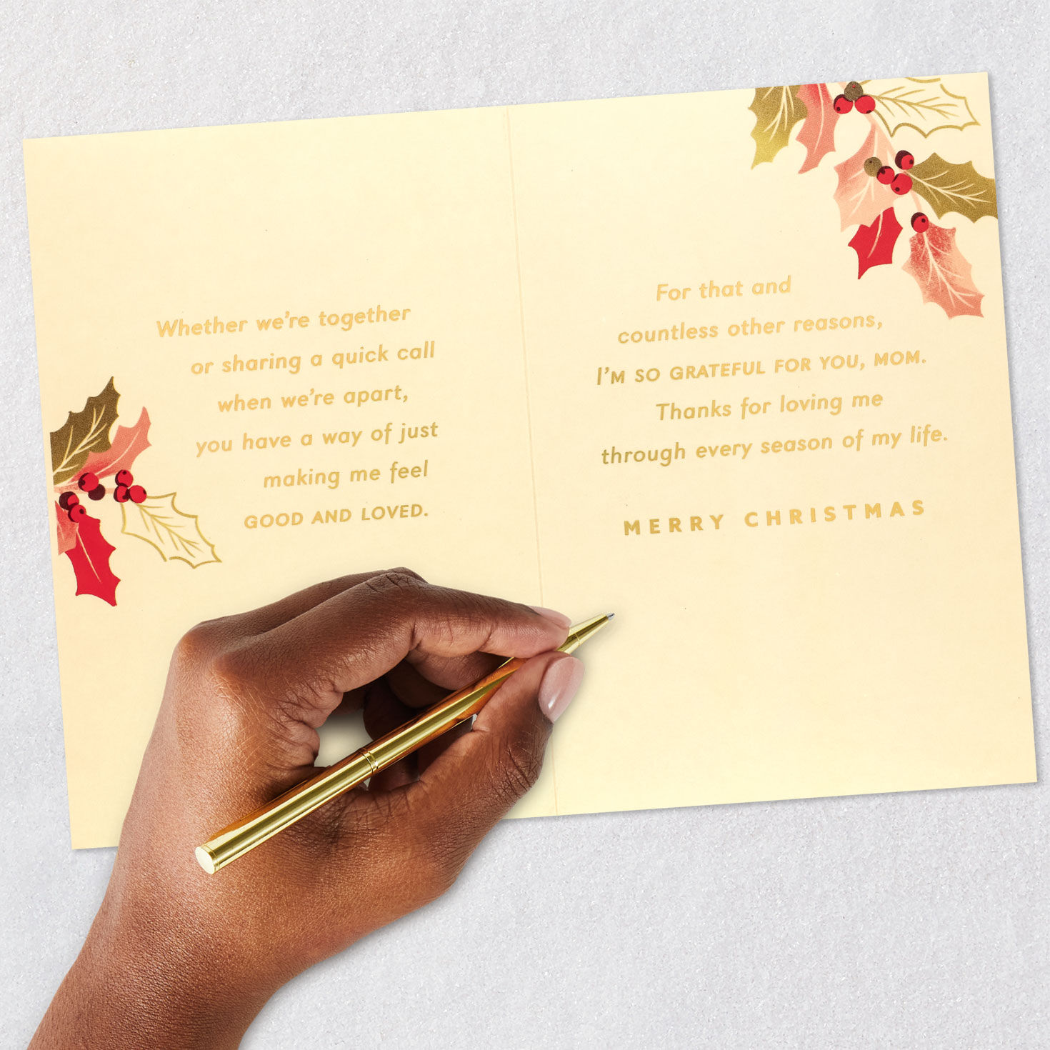Red and Gold Holly Christmas Card for Mom signing card image number 7