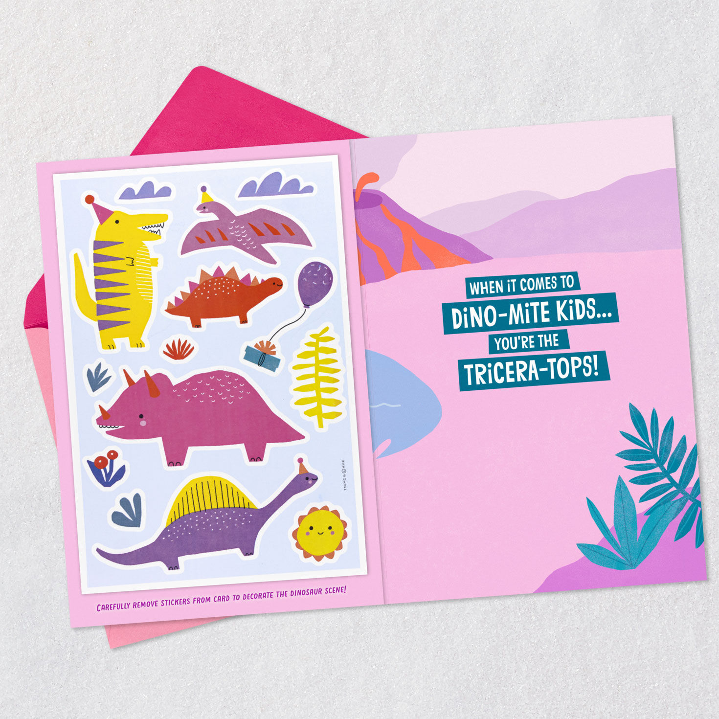 Dinosaur in Party Hat Kids Birthday Card With Stickers Open card with envelope image number 3