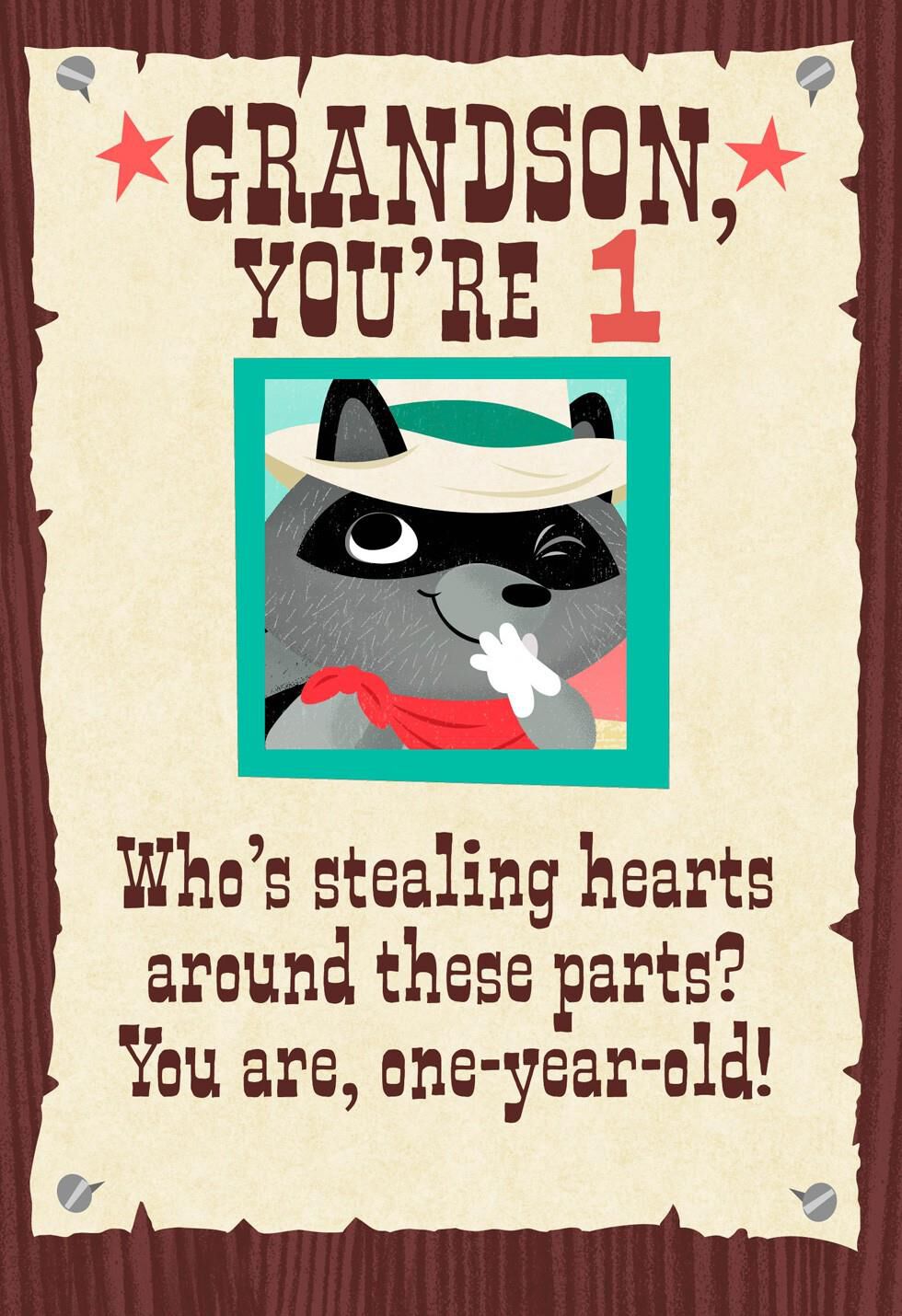 Raccoon Cowboy 1st Birthday Card for Grandson Greeting